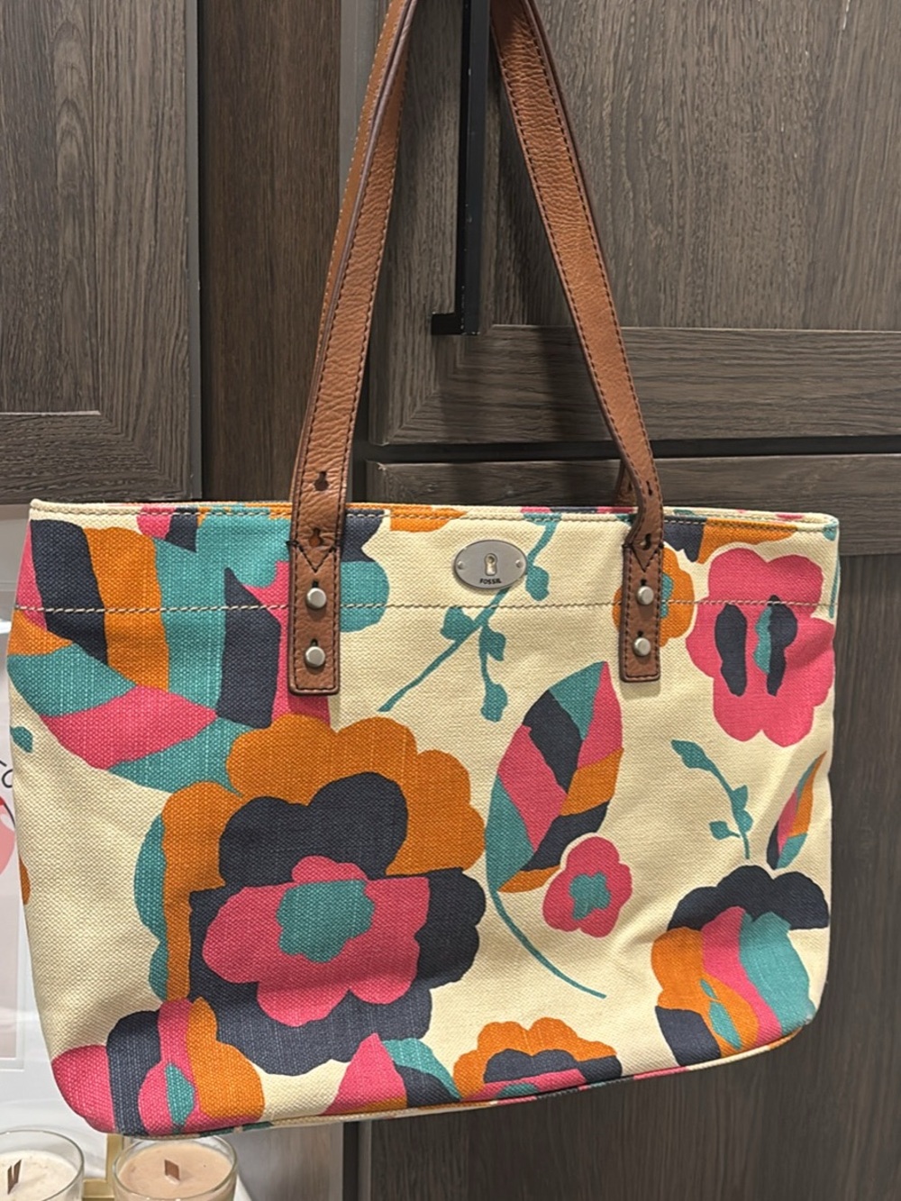 Fossil Canvas Floral Tote in Cream, Teal, Pink, Orange, Navy - Picture 2 of 5